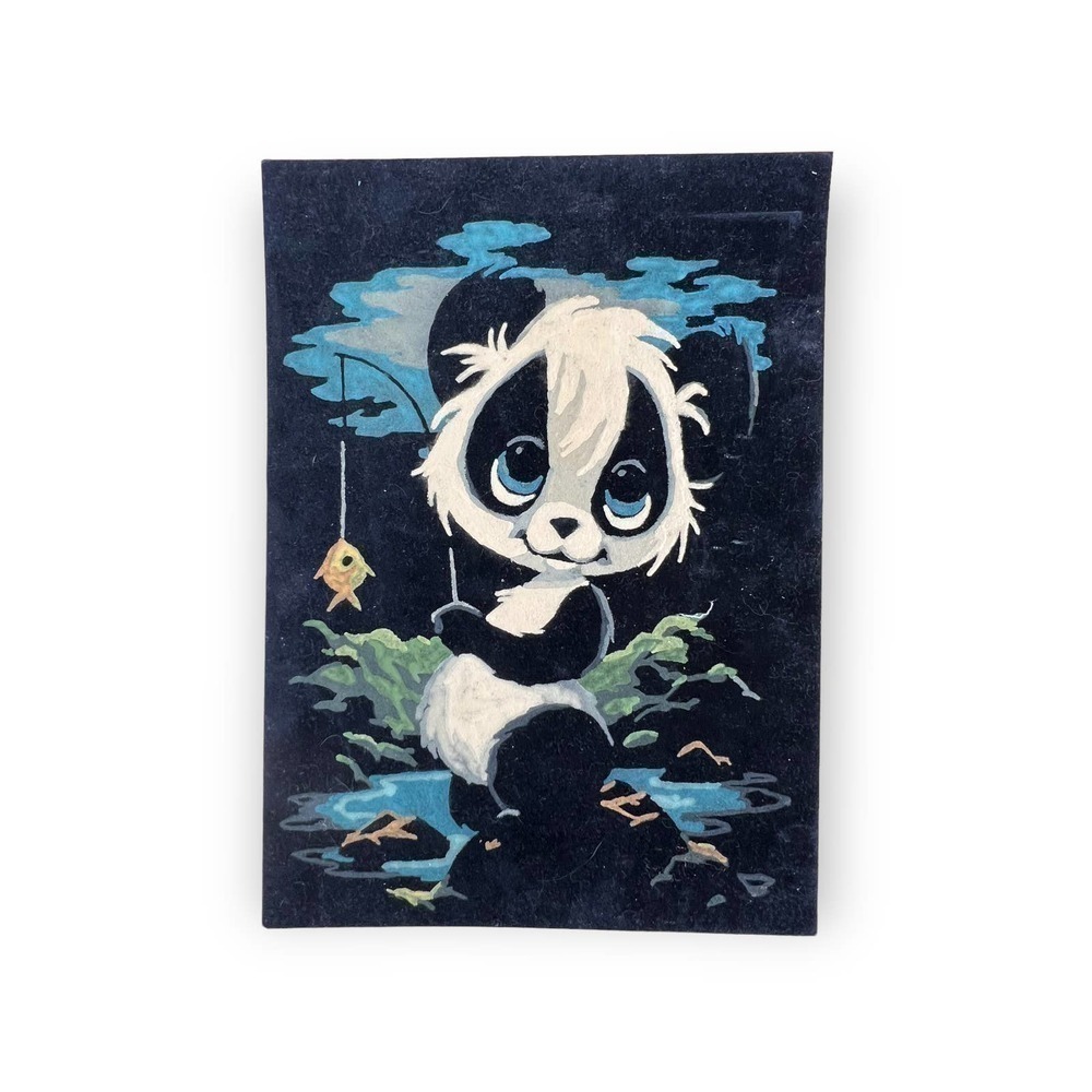 Vintage Velvet Paint By Number Panda Big Eyes Retro Kitsch Wall Art